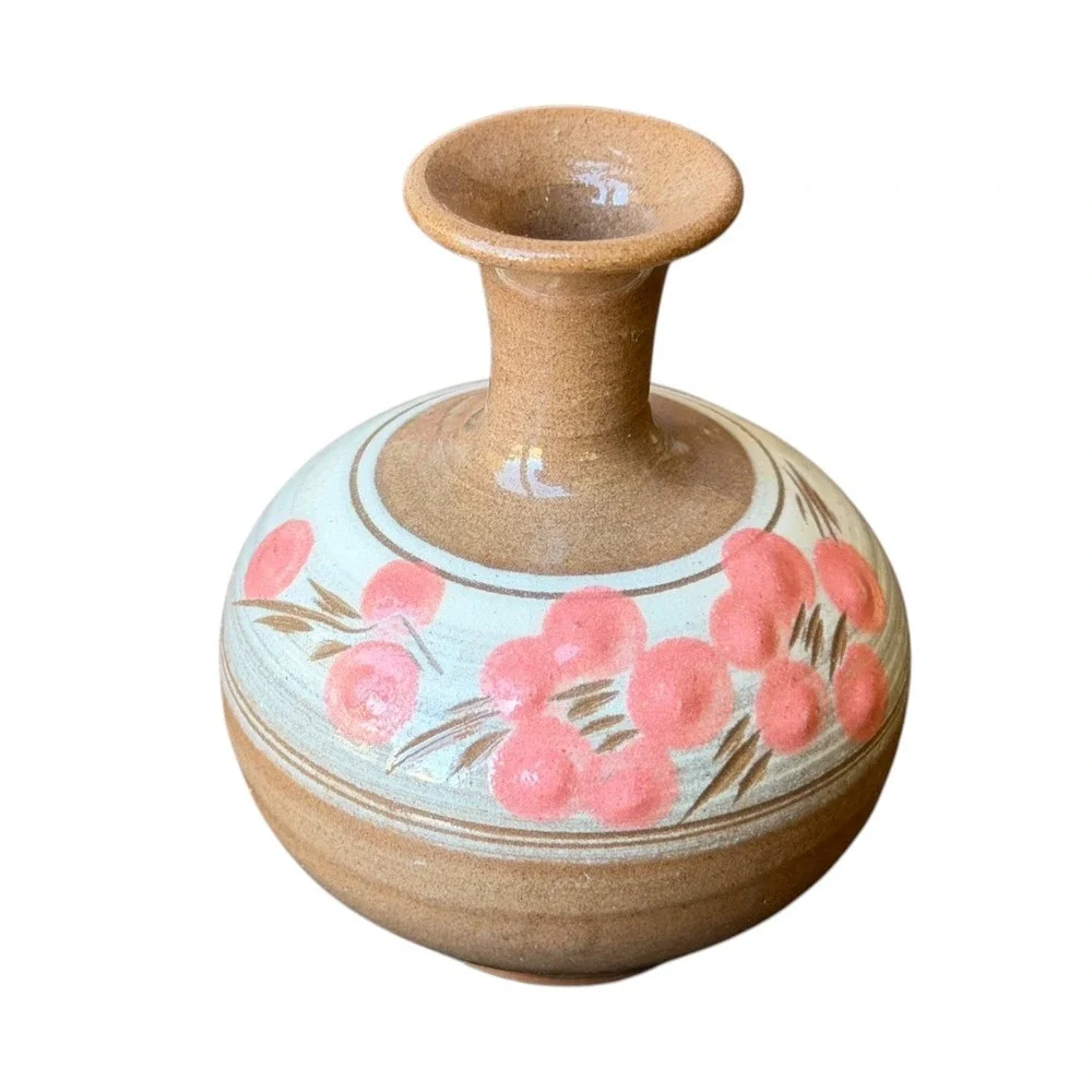 Vintage Studio Pottery Bud Vase Hand Painted Pink Floral Stoneware Earthy Boho